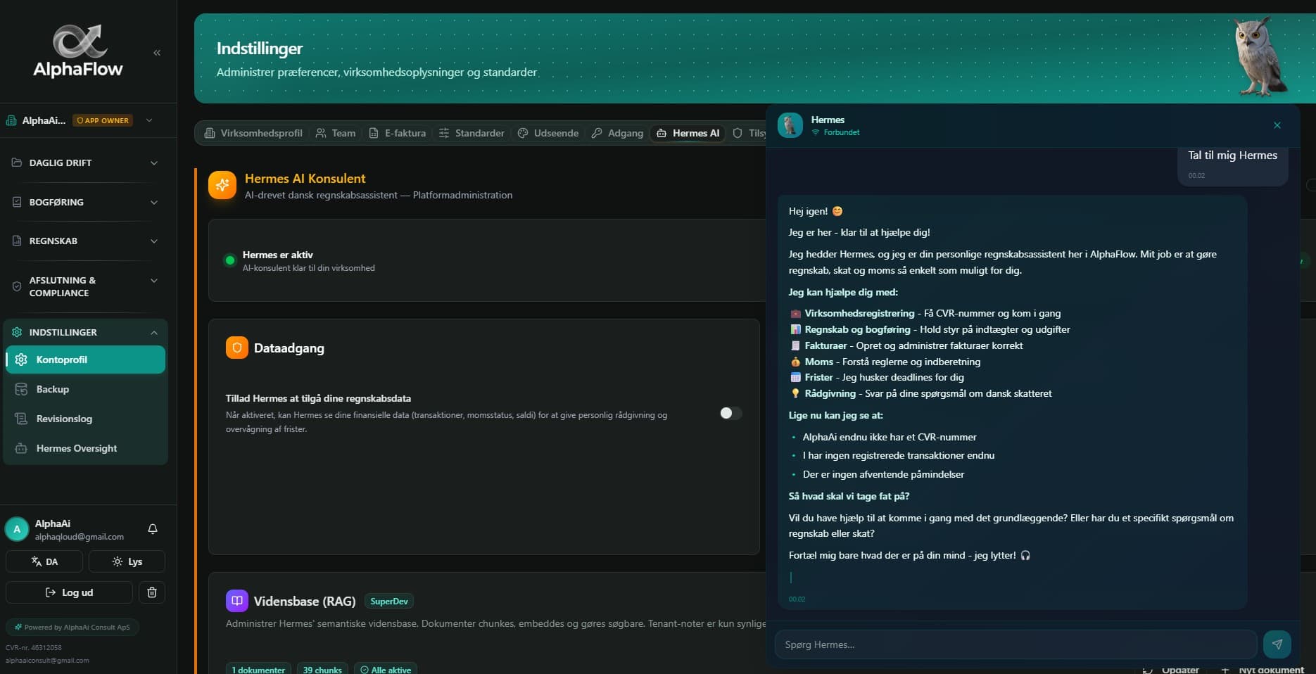 Screenshot af AlphaFlow med Hermes AI-assistenten — regnskabsplatformen der viser dashboard og chat